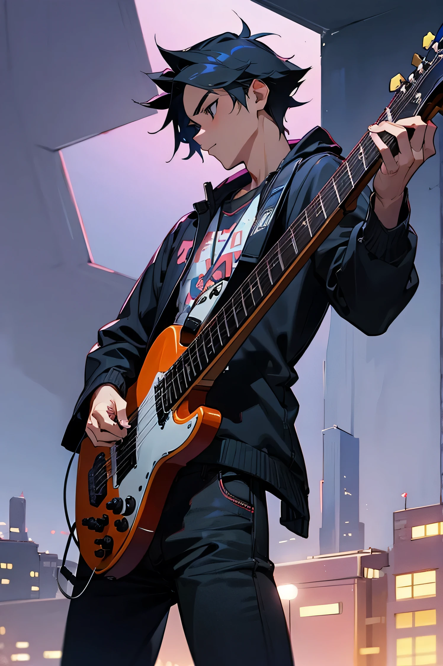 male, young teen, guitar, night city background