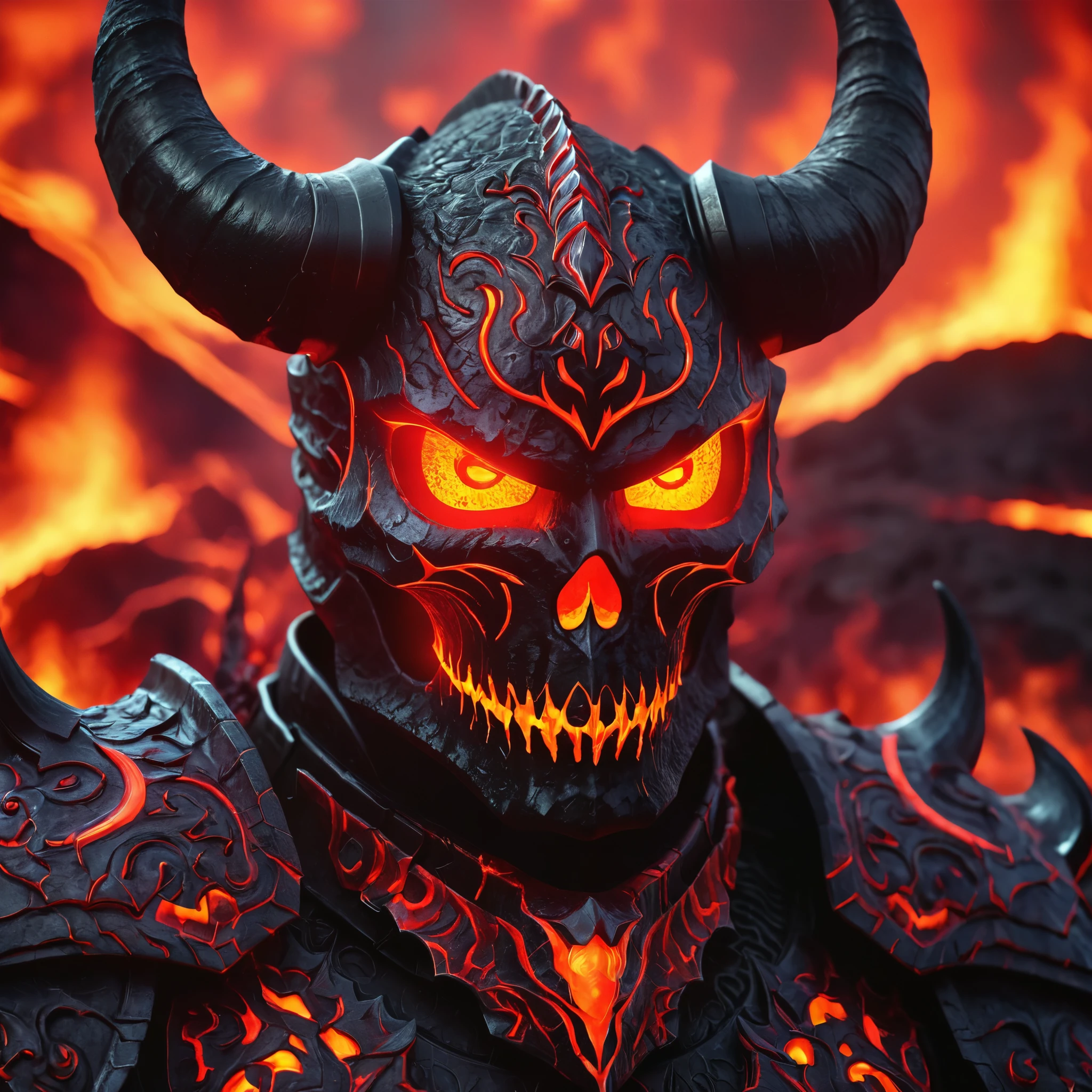 (highres,lava,lava weapon:1.1),red glowing eyes,demonic armor:description,demonic patterns,skull motifs,demonic horns