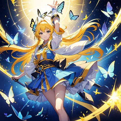 ((high resolution　Yellow Hair　Long Hair　Goddess of victory　one person　Lonely　smile))　((Blue Butterfly　night　Japanese style　old　S...