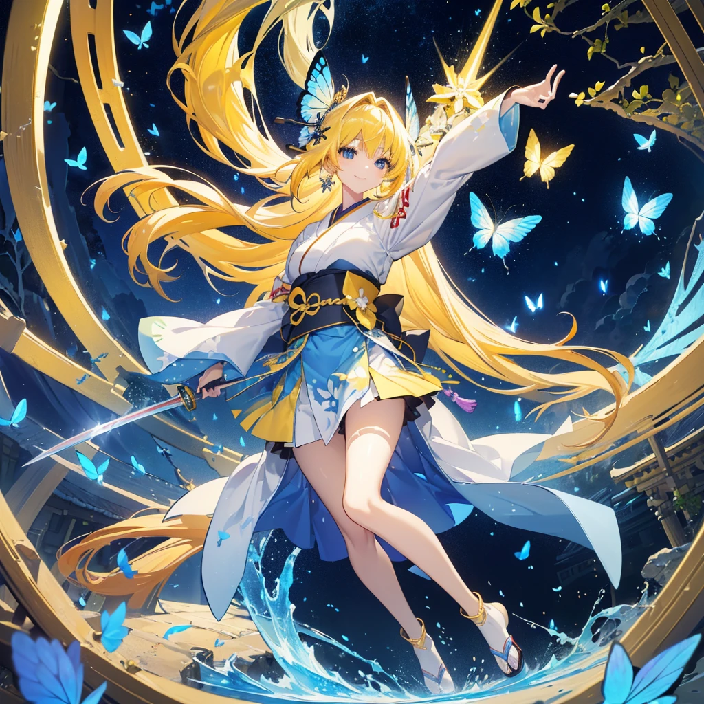 ((high resolution　Yellow Hair　Long Hair　Goddess of victory　one person　Lonely　smile))　((Blue Butterfly　night　Japanese style　old　Shining Aura　rainbow))　(Dance　Blade of Light　Shining Holy Sword　Swing down　Slashing)　moon　star　Draw your sword　Slashing　Catch the wind　fall