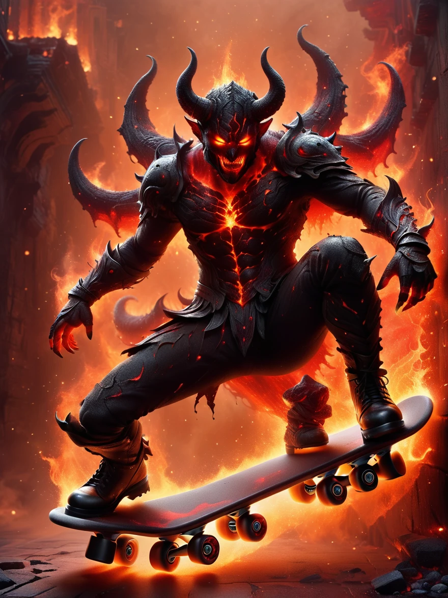 (1 demon whose body is made of lava:1.5)，The lava demon figure skates skillfully on skates，The fiery red eyes sparkle with mischief，Casts eerie shadows in dimly lit environments，The demon has ferocious horns and crimson lava-covered skin.，Showing unexpected grace while skating，Swirling tendrils of smoke leave behind them，Adding an element of speed and movement to this surreal scene，The atmosphere contrasts the dark presence of the demons with the playful roller skating scenes in an imaginative way