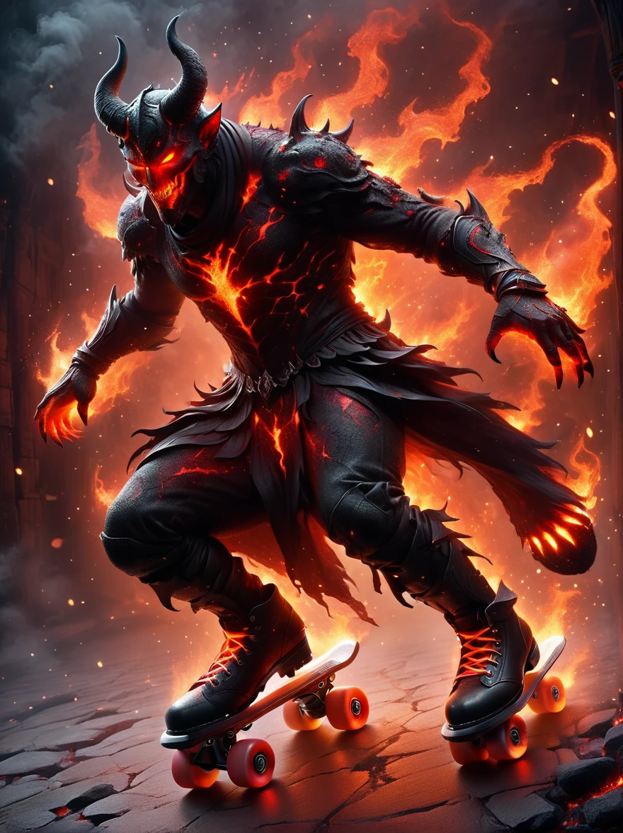 (1 demon whose body is made of lava:1.5)，The lava demon figure skates skillfully on skates，The fiery red eyes sparkle with mischief，Casts eerie shadows in dimly lit environments，The demon has ferocious horns and crimson lava-covered skin.，Showing unexpected grace while skating，Swirling tendrils of smoke leave behind them，Adding an element of speed and movement to this surreal scene，The atmosphere contrasts the dark presence of the demons with the playful roller skating scenes in an imaginative way