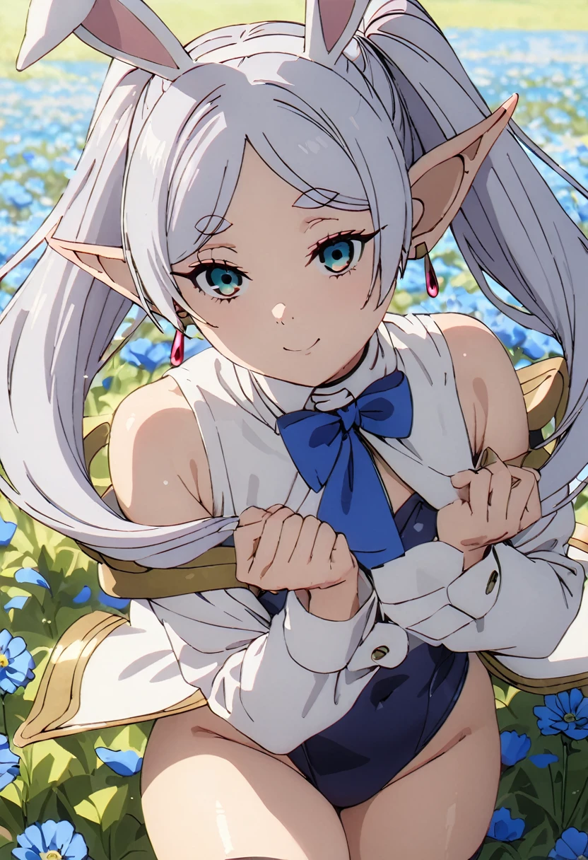 (((masterpiece, 8k, best quality, extremely detailed, high resolution))), Ultra-detailed, ultra-high quality, superb masterpiece, 8K image quality, anime, anime style, best lighting, shadows, cute, beautiful, stunning, gorgeous, 1girl, solo, (frieren, pointy ears, elf, earrings, twintails, grey hair:1.2), shiny hair, wide hips, hips, thick thighs, thigh, glamor, make up, shiny skin, bunnygirl, playboy bunny, bunnygirl suit, bunny ear headband, leotard, ((red color loetard:1.2)), smile, looking at viewer, add_detail:1, beautiful hair color, beautiful light eyes, ((beautiful eyes:1.2)), garter belt, earrings, ashamed, troubled expression, ((flower field, blue flower, petals dancing in the wind, blue flower petals:1.2)), (Particles of light surround her, Particles of light surround girl), (dynamic pose)