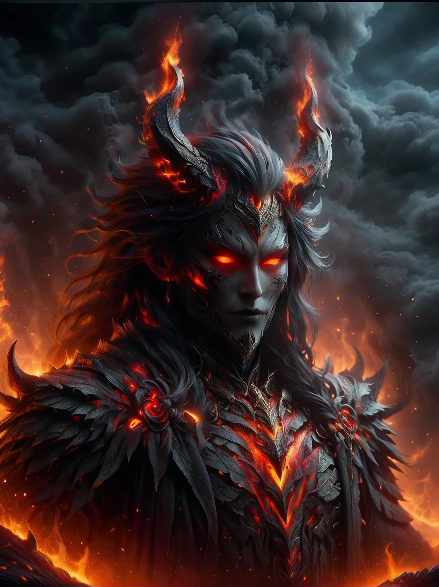 (1 demon whose body is made of lava:1.5)，Deep red，With menacing horns and glowing eyes，(Half squatting on the ground:1.5)，(The claws tightly grasped a gleaming sharp trident)，(It has a large amount of gold coins and precious gems)，To symbolize its wealth，On the surrounding ground，(Filled with all kinds of currency, jewels and treasures:1.9)，Exudes an alluring glow，This eerie scene is set against a dark and ominous backdrop of a lava cave.，Creating a disturbing yet mesmerizing effect