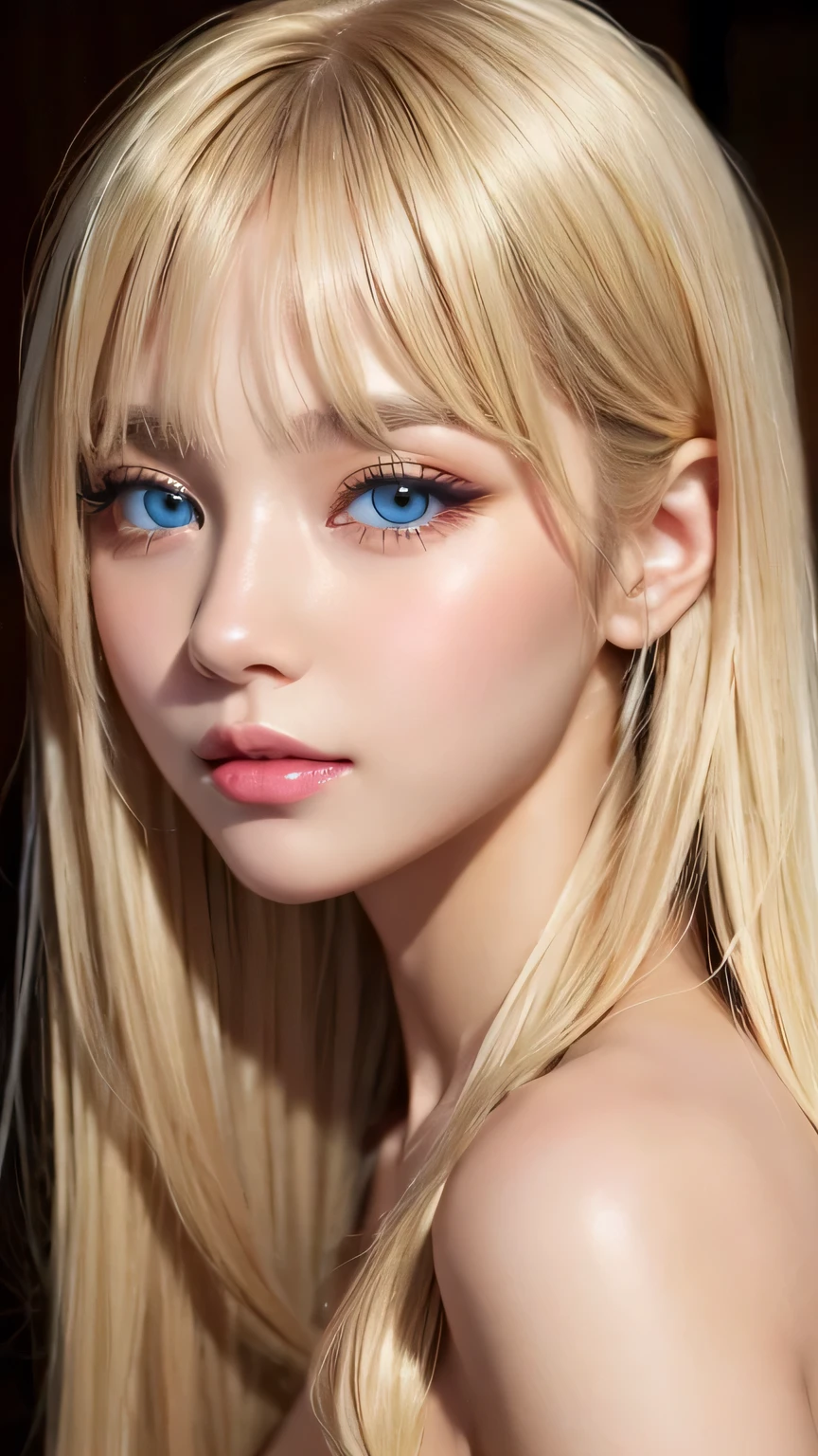 Very beautiful face、Super beautiful girl、Very long, silky, shiny, light blonde hair、Super long straight silky hair、Beautiful messy bangs over the eyes、Cute sexy  16 years old、Big, bright, light blue eyes that shine beautifully、Blonde hair above the eyes、Hair on the face、片Blonde hair above the eyes、Blonde hair between the eyes、Very big eyes、Ample Bust、White skin、Glossy Skin、Gloss Face、Cheek gloss、eyeliner、Small Face Beauty、Round face、Ample Bust