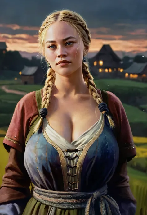 realistic painting of Guinwen, Guin as a medieval peasant, blonde hair, braids, slim waist, ((huge breasts)), fields in the back...