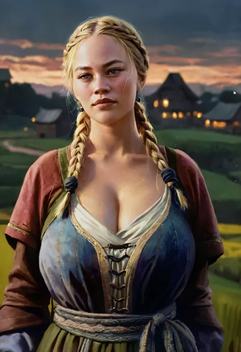 realistic painting of guinwen, guin as a medieval peasant, blonde hair, braids, slim waist, ((huge breasts)), fields in the back...