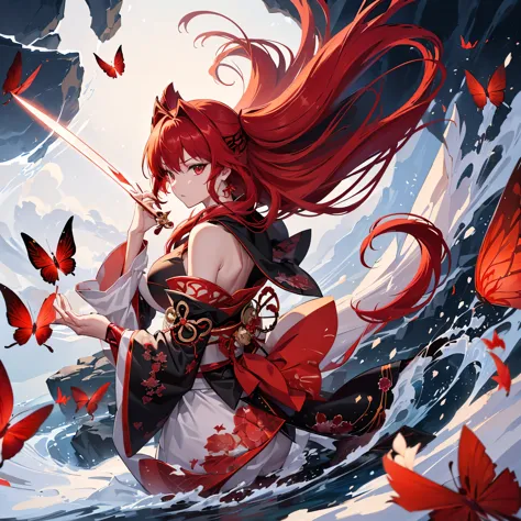 ((high resolution　Red Hair　Long Hair　Black kimono　Red band　Goddess of victory　one person　Lonely　sorrow))　((Red butterfly　night　J...