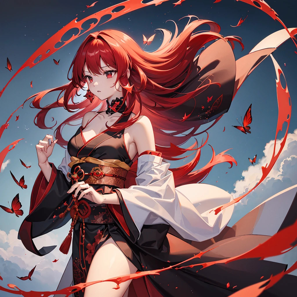 ((high resolution　Red Hair　Long Hair　Black kimono　Red band　Goddess of victory　Lonely　sorrow))　((Red butterfly　night　Japanese style　Shoulder　old　Shining Aura　rain))　(Dance　Blade of Darkness　Demon Sword　Swing down　Slashing)　moon　star　Draw your sword　Slashing　Catch the wind　fall