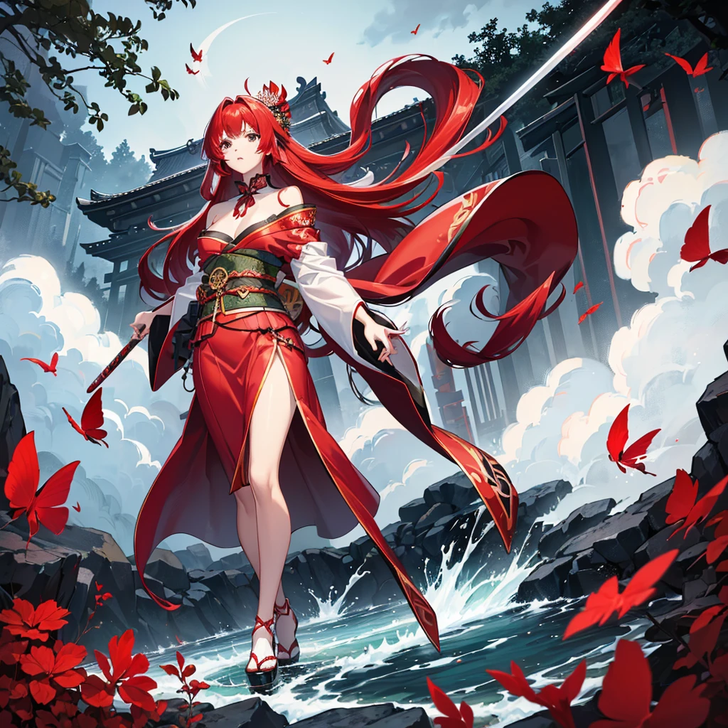 ((high resolution　Red Hair　Long Hair　Black kimono　Red band　Goddess of victory　Lonely　sorrow))　((Red butterfly　night　Japanese style　Shoulder　old　Shining Aura　rain))　(Dance　Blade of Darkness　Demon Sword　Swing down　Slashing)　moon　star　Draw your sword　Slashing　Catch the wind　fall