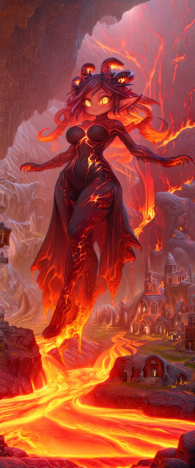 1woman\(evil,(cute:0.2),beautiful demon lady,age of 18,((very huge)),(giant),long lava hair,lava skin,lava bunny suit,lava pantyhose,eye color lava,big eyes,eyes shining,big devil's smile,sharp teeth,open mouth,lava horn,lava wing,(((dynamic pose))),breast,full body,floating,body burning,looking to the left\),background\(very dark underground lava cave,very shiny lava and lava lake everywhere,bedding plane,bulbous lava stalactite,pillar,chockstone,lava blister,lava coral,lava fall,lava rose,lava stalactite,lava tree,small houses\(Cappadocia\)\), BREAK ,quality\(8k,wallpaper of extremely detailed CG unit, ​masterpiece,hight resolution,top-quality,top-quality real texture skin,hyper realisitic,increase the resolution,RAW photos,best qualtiy,highly detailed,the wallpaper,cinematic lighting,ray trace,golden ratio,\),((dynamic angle)),[nsfw:2.0],full body,(from below)