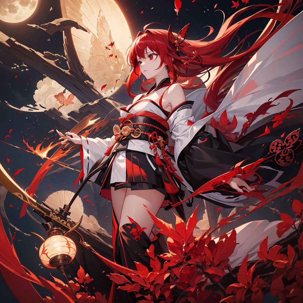 ((high resolution　Red Hair　Long Hair　Black kimono　Red band　Goddess of victory　Lonely　sorrow))　((Red butterfly　night　Japanese style　Shoulder　old　Shining Aura　rain))　(Dance　Blade of Darkness　Demon Sword　Swing down　Slashing)　moon　star　Draw your sword　Slashing　Catch the wind　fall