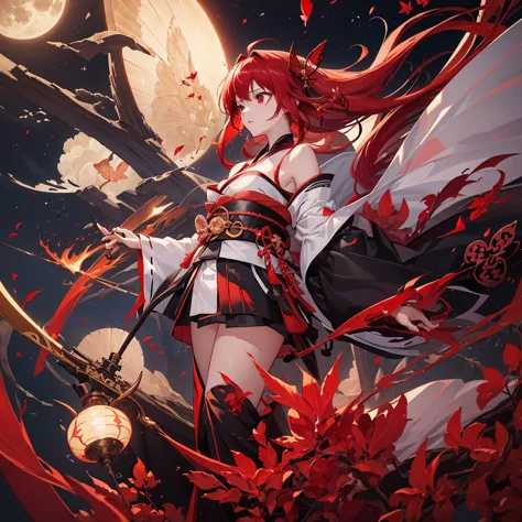 ((high resolution　Red Hair　Long Hair　Black kimono　Red band　Goddess of victory　Lonely　sorrow))　((Red butterfly　night　Japanese sty...