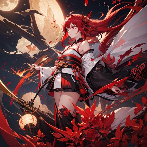 ((high resolution　red hair　long hair　black kimono　red band　goddess of victory　lonely　sorrow))　((red butterfly　night　japanese sty...