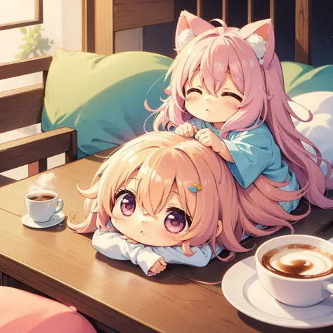 PastelColors、Fluffy futon in coffee cup、(((Chibi)))、Fluffy girl living in a coffee cup、Place your hand on the rim of the coffee ...