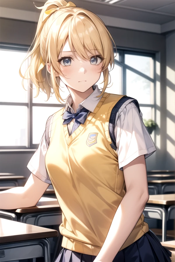 Eliase, catalyst, Yellow Hair, blue eyes, ponytail, Hair Ribbon, 
break otonokizaka , pleated skirt, , Short sleeve, skirt, Summer clothes, Sweater vest, (yellow Sweater vest:1.5),
break looking at viewer,
break indoors, classroom, 
break (masterpiece:1.2), highest quality, High resolution, unity 8k wallpaper, (figure:0.8), (Beautiful fine details:1.6), Highly detailed face, Perfect lighting, Highly detailed CG, (Perfect hands, Perfect Anatomy),