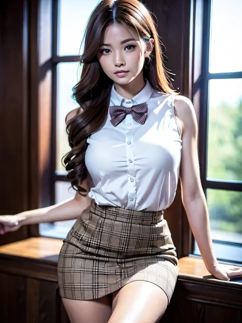arafed woman wearing a tight sexy , plaid skirt, fishnet stocking, brown hair, bowtie, High quality, Masterpiece, Best quality, ...