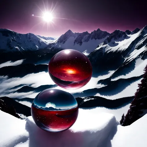 glass orb,galaxy, like billiards, level, Maroon, Fresco painting, high-quality image set against a snow-covered mountainous land...