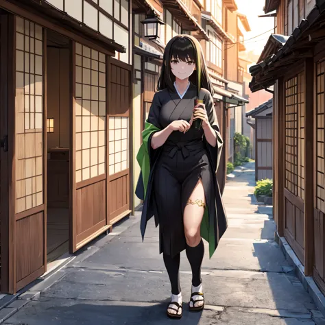 a woman wearing a black yukata with green details, white socks, traditional japanese slippers, black fur cape, gold and green ac...