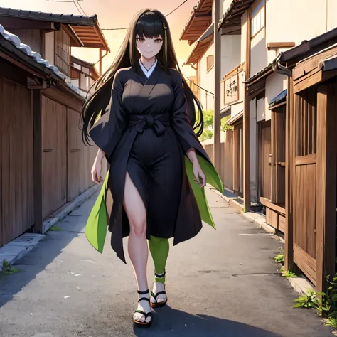 a woman wearing a black yukata with green details, white socks, traditional japanese slippers, black fur cape, gold and green ac...