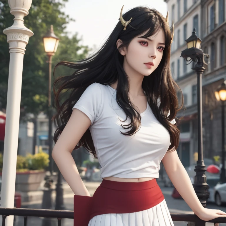 masterpiece, dream aesthetic, dream atmosphere, ultra realistic, 16k, best quality, absurdres, perfect anatomy, 1girl, brunette, voluminous silky hair, red eyes (intense look), pale-white skin (highlighted), realistic shading, solo, Caera, red eyes, t-shirt, black mini skirt, tights (realistic textures), pretty seductive, upper body, beautiful girl, happy, lamp, outdoors, street, lamppost, blurred background, cinematic, Photorealistic.