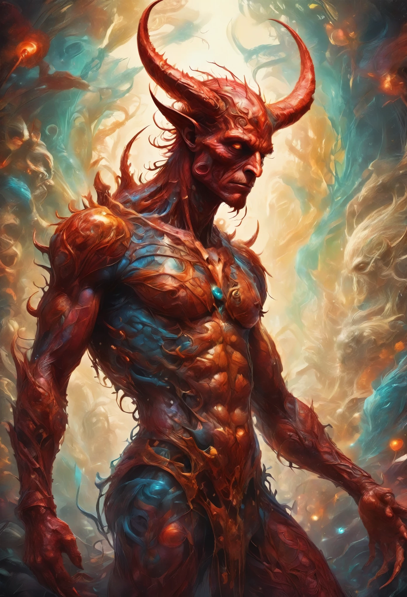 devil,Upper body,Modern and mystical encounter, Vibrant colors, Intricate details. Very detailed, Dynamic pose, Complex motifs, Organic mesh pattern, Perfect composition, Digital Painting, Art Station, Concept Art, Smooth, Sharp focus, Carne Griffith, Pixar, Victor Shay, Jean Baptiste Monge, Shiny Aura, figure, 8k, highest quality, Awards, Anatomically correct, High resolution, Dark fantasy