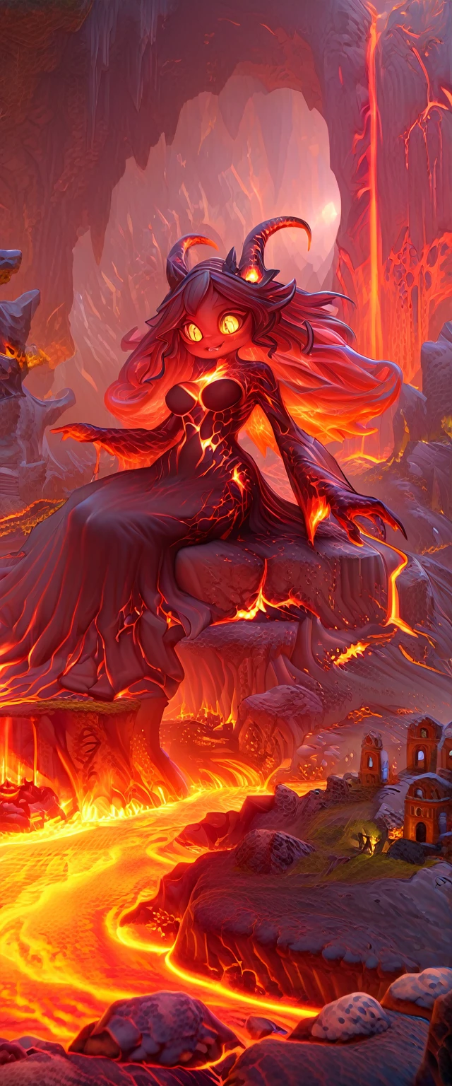 1woman\(evil,(cute:0.2),beautiful demon lady,age of 18,((very huge)),(giant),long lava hair,lava skin,lava bunny suit,lava pantyhose,eye color lava,big eyes,eyes shining,big devil's smile,sharp teeth,open mouth,lava horn,lava wing,(((dynamic pose))),breast,full body,floating,body burning,looking to the left\),background\(very dark underground lava cave,very shiny lava and lava lake everywhere,bedding plane,bulbous lava stalactite,pillar,chockstone,lava blister,lava coral,lava fall,lava rose,lava stalactite,lava tree,small houses\(Cappadocia\)\), BREAK ,quality\(8k,wallpaper of extremely detailed CG unit, ​masterpiece,hight resolution,top-quality,top-quality real texture skin,hyper realisitic,increase the resolution,RAW photos,best qualtiy,highly detailed,the wallpaper,cinematic lighting,ray trace,golden ratio,\),((dynamic angle)),[nsfw:2.0],full body,(from below)