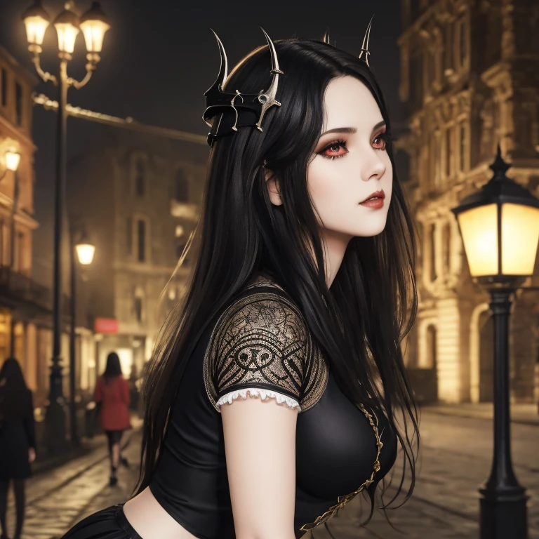 masterpiece, gothic aesthetic, dream atmosphere, ultra realistic, 16k, best quality, absurdres, perfect anatomy, 1girl, goth brunette, voluminous silky hair, goth makeup, perfect eyes (intense look), pale-white skin (highlighted), realistic shading, solo, Caera, red eyes, t-shirt, black mini skirt, tights (realistic textures), pretty seductive, upper body, beautiful girl, happy, lamp, outdoors, street, lamppost, blurred background, cinematic, Photorealistic.