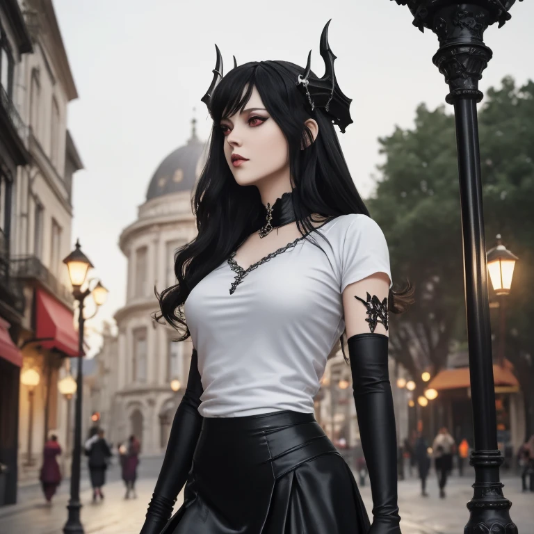 masterpiece, gothic aesthetic, dream atmosphere, ultra realistic, 16k, best quality, absurdres, perfect anatomy, 1girl, goth brunette, voluminous silky hair, goth makeup, perfect eyes (intense look), pale-white skin (highlighted), realistic shading, solo, Caera, red eyes, t-shirt, black mini skirt, tights (realistic textures), pretty seductive, upper body, beautiful girl, happy, lamp, outdoors, street, lamppost, blurred background, cinematic, Photorealistic.