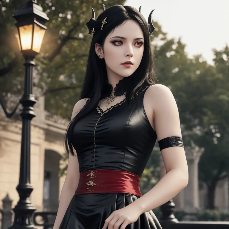 masterpiece, gothic aesthetic, dream atmosphere, ultra realistic, 16k, best quality, absurdres, perfect anatomy, 1girl, goth brunette, voluminous silky hair, goth makeup, perfect eyes (intense look), pale-white skin (highlighted), realistic shading, solo, Caera, red eyes, t-shirt, black mini skirt, tights (realistic textures), pretty seductive, upper body, beautiful girl, happy, lamp, outdoors, street, lamppost, blurred background, cinematic, Photorealistic.