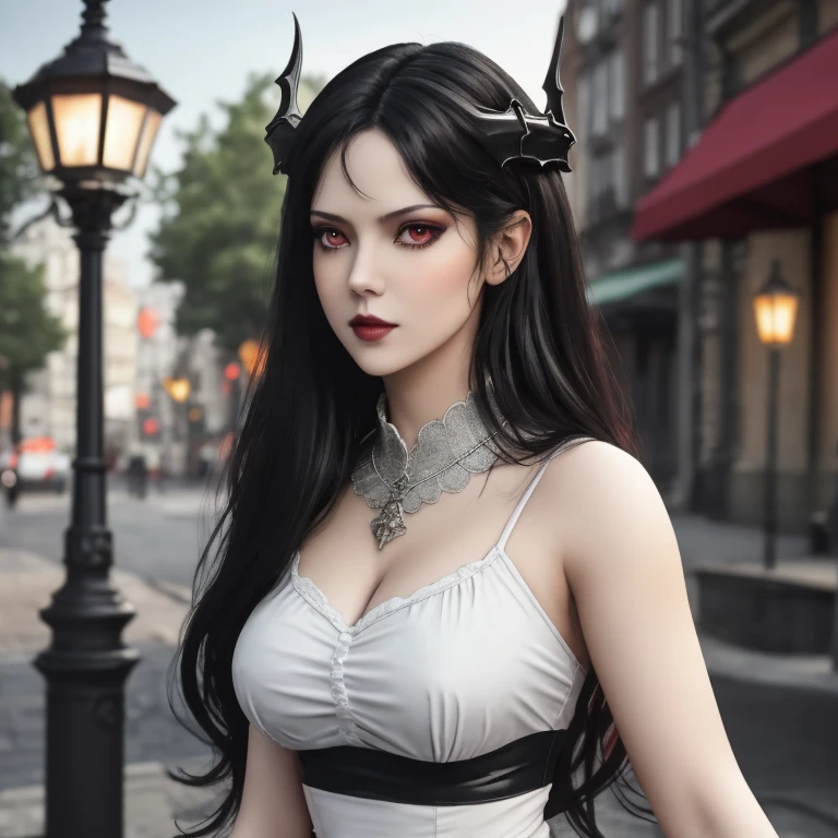 masterpiece, gothic aesthetic, dream atmosphere, ultra realistic, 16k, best quality, absurdres, perfect anatomy, 1girl, goth brunette, voluminous silky hair, goth makeup, bright red eyes (intense look), pale-white skin (highlighted), realistic shading, solo, Caera, red eyes, t-shirt, black mini skirt, tights (realistic textures), pretty seductive, upper body, beautiful girl, happy, lamp, outdoors, street, lamppost, blurred background, cinematic, Photorealistic.