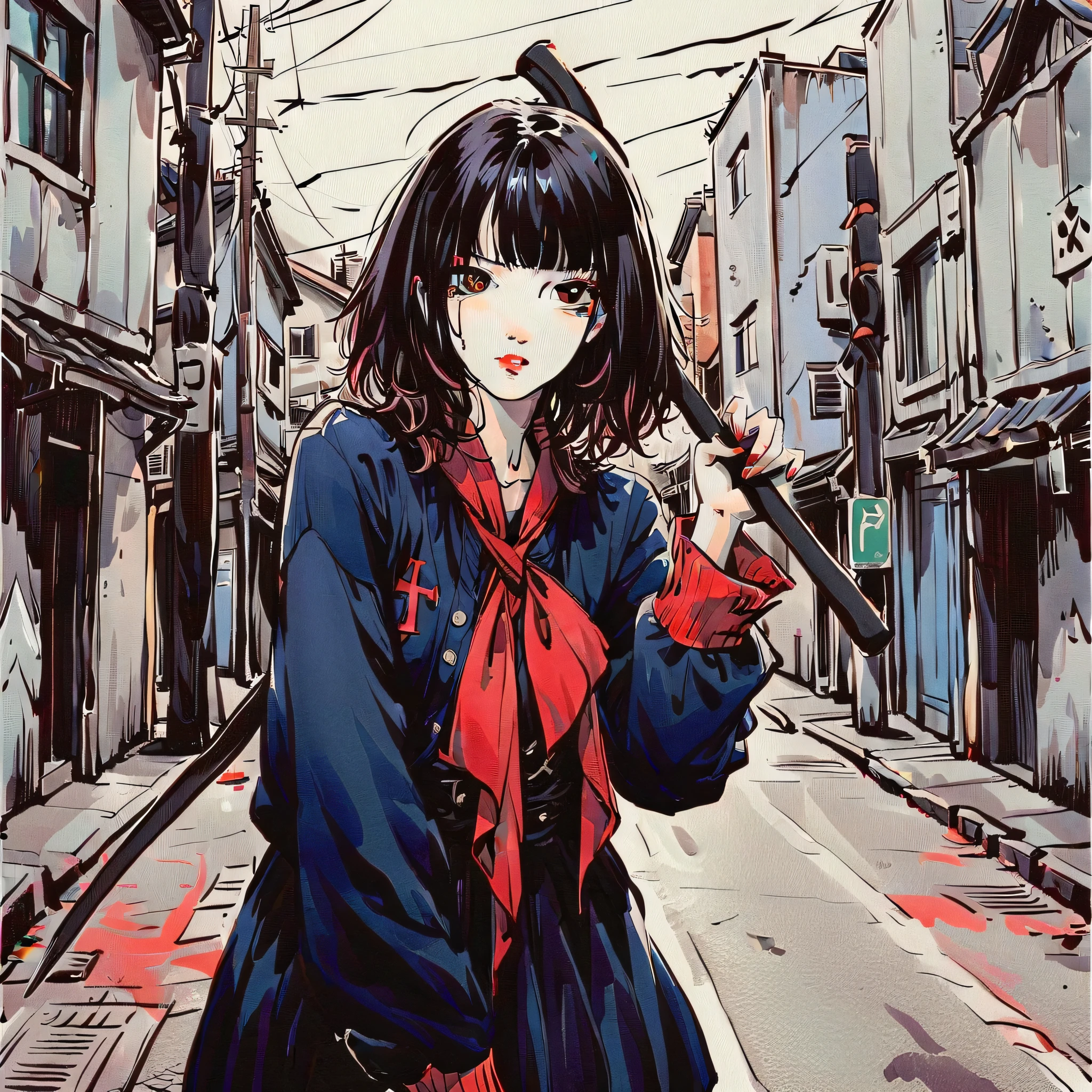 une fille avec une faux, tenir une faux et affûter la pose de la faux, sanglant , regard de folie mettant en vedette la caméra , Angle de vue à vol d’oiseau, gothique, symbole de croix, debout au milieu de la rue de la ville de Kyoto, (Super détaillé),