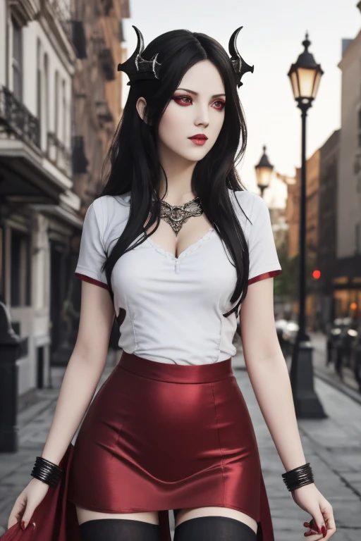 masterpiece, gothic aesthetic, dream atmosphere, ultra realistic, 16k, best quality, absurdres, perfect anatomy, 1girl, goth brunette, voluminous silky hair, goth makeup, bright red eyes (intense look), pale-white skin (highlighted), realistic shading, solo, Caera, red eyes, t-shirt, black mini skirt, tights (realistic textures), pretty seductive, upper body, beautiful girl, happy, lamp, outdoors, street, lamppost, blurred background, cinematic, Photorealistic.