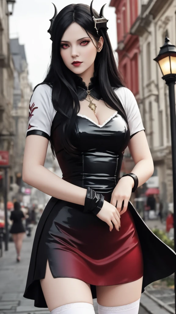 masterpiece, gothic aesthetic, dream atmosphere, ultra realistic, 16k, best quality, absurdres, perfect anatomy, 1girl, goth brunette, voluminous silky hair, goth makeup, bright red eyes (intense look), pale-white skin (highlighted), realistic shading, solo, Caera, red eyes, t-shirt, black mini skirt, tights (realistic textures), pretty seductive, upper body, beautiful girl, happy, lamp, outdoors, street, lamppost, blurred background, cinematic, Photorealistic.