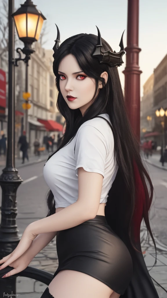 masterpiece, gothic aesthetic, dream atmosphere, ultra realistic, 16k, best quality, absurdres, perfect anatomy, 1girl, goth brunette, voluminous silky hair, goth makeup, bright red eyes (intense look), pale-white skin (highlighted), realistic shading, solo, Caera, red eyes, t-shirt, black mini skirt, tights (realistic textures), pretty seductive, upper body, beautiful girl, happy, lamp, outdoors, street, lamppost, blurred background, cinematic, Photorealistic.