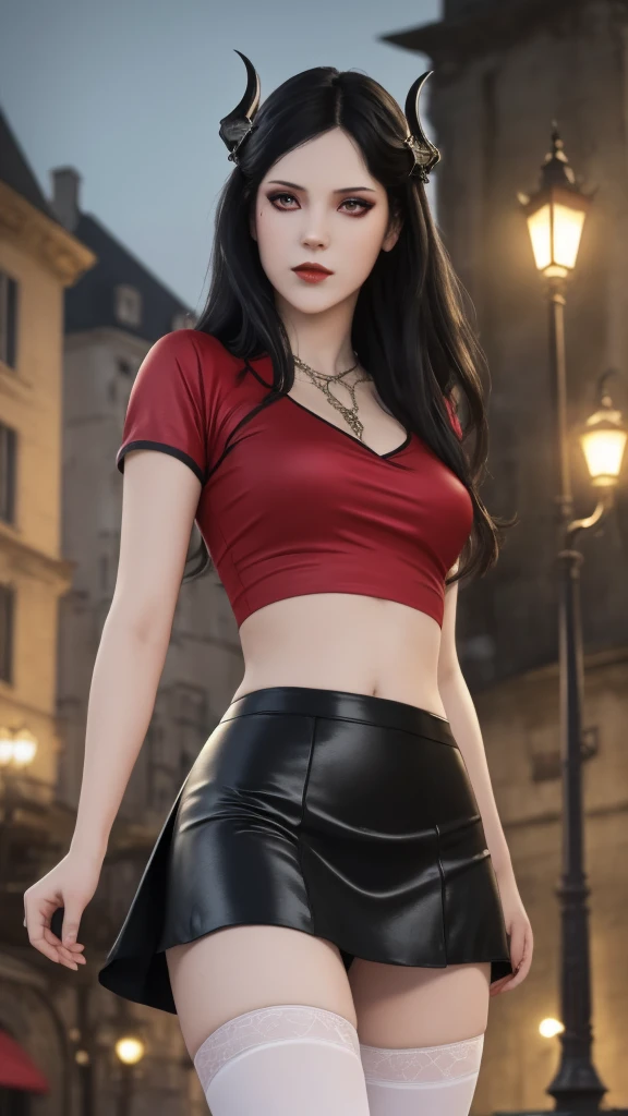 masterpiece, gothic aesthetic, dream atmosphere, ultra realistic, 16k, best quality, absurdres, perfect anatomy, 1girl, goth brunette, voluminous silky hair, goth makeup, bright red eyes (intense look), pale-white skin (highlighted), realistic shading, solo, Caera, red eyes, t-shirt, black mini skirt, tights (realistic textures), pretty seductive, upper body, beautiful girl, happy, lamp, outdoors, street, lamppost, blurred background, cinematic, Photorealistic.