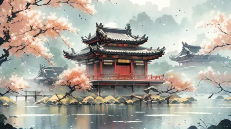 chinese architecture，tea house，tea house on the second floor，red， landscape painting ancient style illustration chinese scenery ...