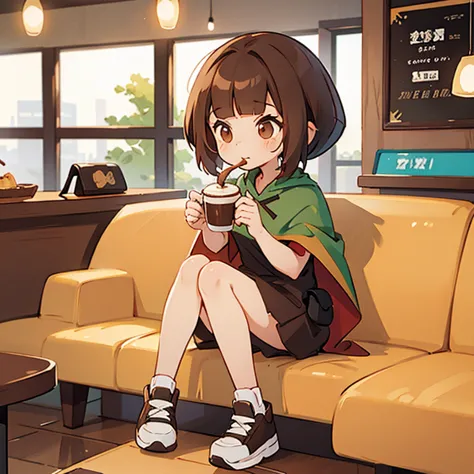 brown-haired girl wearing a cape eating coffee and donuts in a coffee shop　wearing sneakers