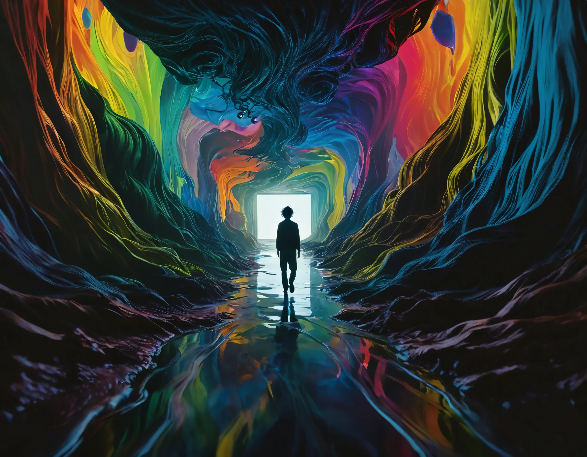 A cinematic still of David, a 30-year-old Asian man with shaggy hair, navigating a surrealistic landscape that shifts around him, with each element representing his emotional and psychological struggles. The environment combines fantastical and horrific elements, such as distorted, animated paintings and ominous, shadowy figures. This scene captures him moving through a vivid, almost dream-like corridor, his expression one of determination and introspection. The shot is styled with a highly stylized aesthetic, featuring dramatic lighting contrasts, vibrant yet eerie colors, and a depth of field that blurs the surreal borders, shot on an Arri Alexa with a texture that hints at traditional film grain. This visual encapsulates themes of self-acceptance, the transformative power of art, and the profound journey into one's own psyche to confront and grow from one's darkest experiences.