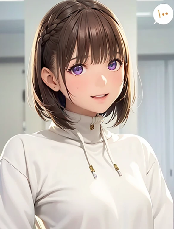 High resolution,In 8K,highest quality,detailed,Semi-realistic anime,Anime 3D Style,Smooth anime CG,One Girl,19-year-old woman in Japan,slim,Modeled,Shiny brown hair,Medium Hair,detailedな顔,Beautiful and detailed,Glowing Skin,Light Turtleneck Shirt,Ivory colored hoodie,straggling hair,Angelic hairstyle,(Small breasts),((Deep violet sparkling eyes)),(((Looking at the camera))),((Open your mouth)),((Laughter))