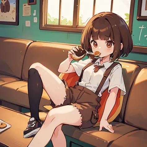 コーヒーショップでコーヒーとドーナツを食べているケープを着た茶髪の女の子　スニーカーを履いている　サスペンダー付きのショートパンツ　コーヒーはカップに入っている　ドーナツは皿に乗っている