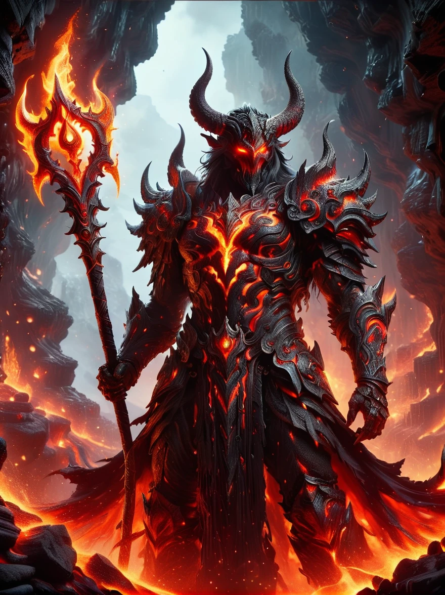 A figure that personifies evil, traditionally referred to as Lucifer, reigning confidently in an infernal landscape. He is surrounded by a host of monstrous creatures that are his legion. Fiery cliffs and molten rivers paint the background, while tormented souls populate the gloomy foreground. The awe-inducing grandeur of this hellish kingdom is something reminiscent of a nightmarish epic.