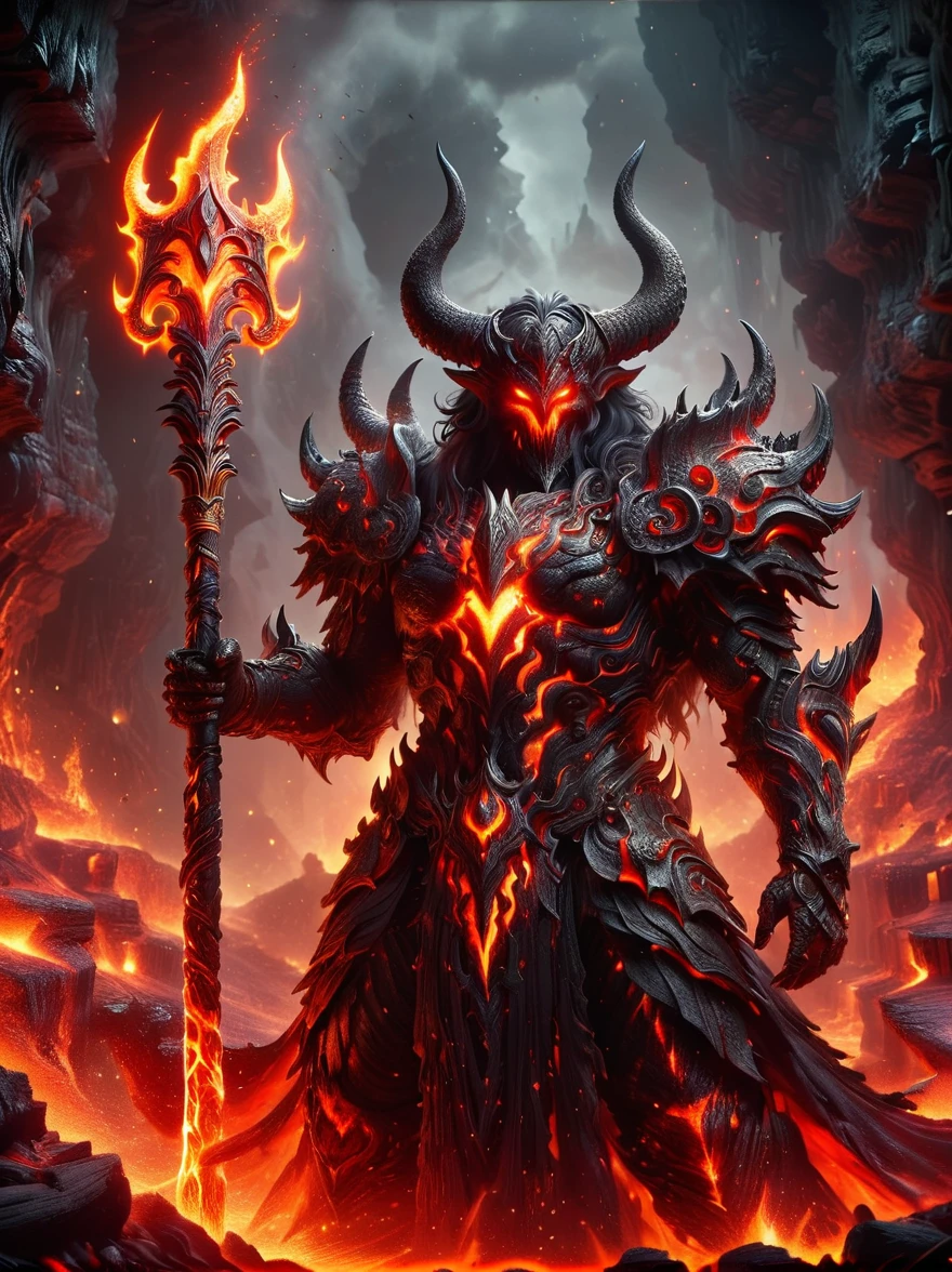 A figure that personifies evil, traditionally referred to as Lucifer, reigning confidently in an infernal landscape. He is surrounded by a host of monstrous creatures that are his legion. Fiery cliffs and molten rivers paint the background, while tormented souls populate the gloomy foreground. The awe-inducing grandeur of this hellish kingdom is something reminiscent of a nightmarish epic.