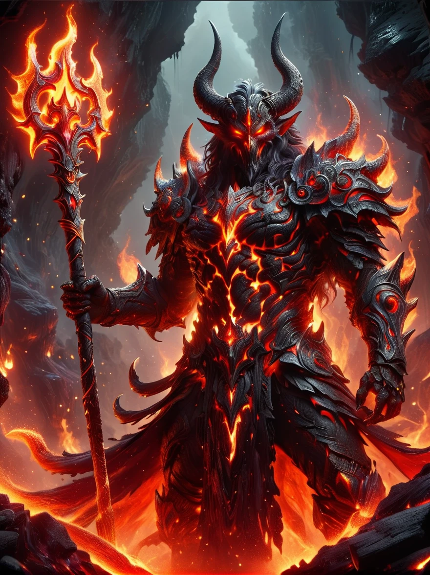 A figure that personifies evil, traditionally referred to as Lucifer, reigning confidently in an infernal landscape. He is surrounded by a host of monstrous creatures that are his legion. Fiery cliffs and molten rivers paint the background, while tormented souls populate the gloomy foreground. The awe-inducing grandeur of this hellish kingdom is something reminiscent of a nightmarish epic.