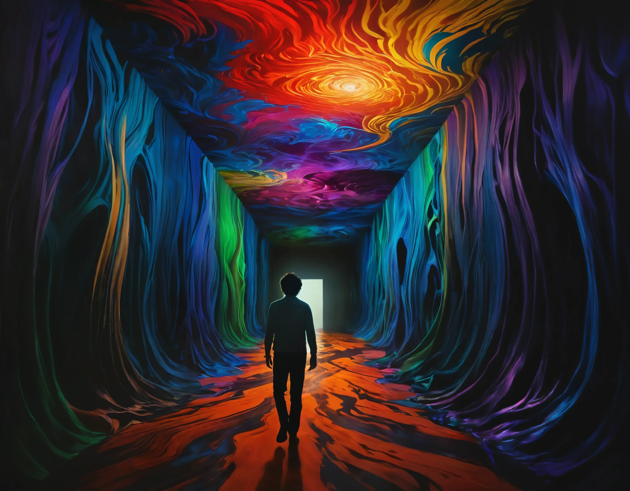 A cinematic still of David, a 30-year-old Asian man with shaggy hair, navigating a surrealistic landscape that shifts around him, with each element representing his emotional and psychological struggles. The environment combines fantastical and horrific elements, such as distorted, animated paintings and ominous, shadowy figures. This scene captures him moving through a vivid, almost dream-like corridor, his expression one of determination and introspection. The shot is styled with a highly stylized aesthetic, featuring dramatic lighting contrasts, vibrant yet eerie colors, and a depth of field that blurs the surreal borders, shot on an Arri Alexa with a texture that hints at traditional film grain. This visual encapsulates themes of self-acceptance, the transformative power of art, and the profound journey into one's own psyche to confront and grow from one's darkest experiences.