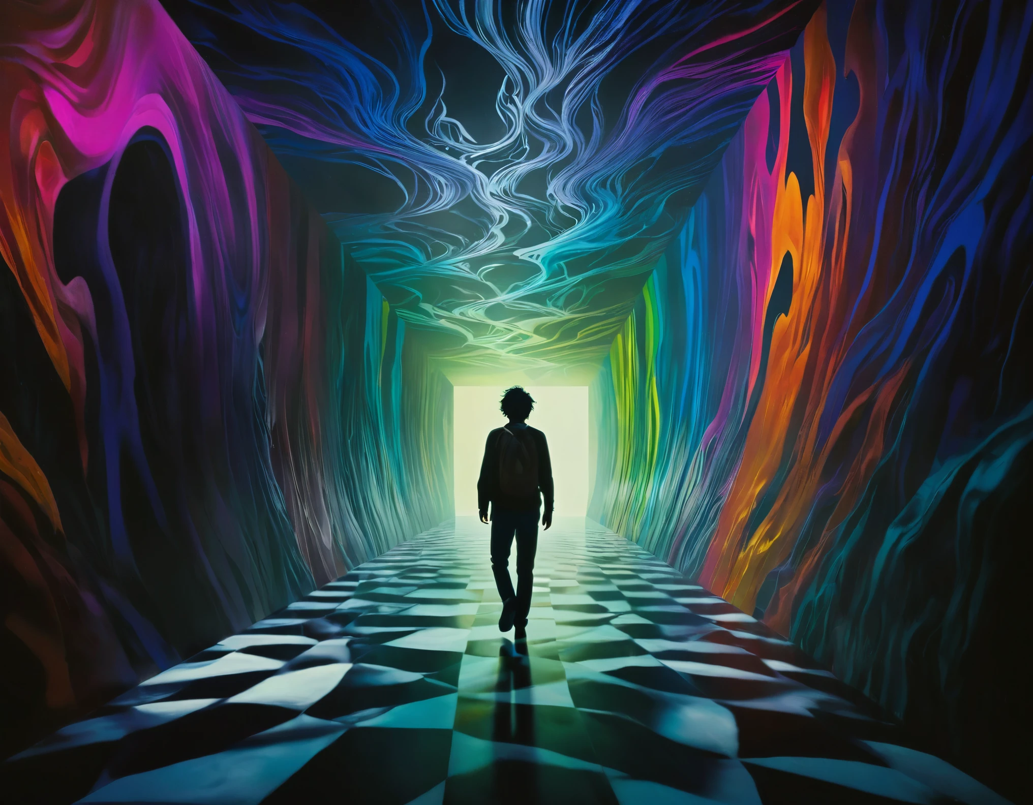 A cinematic still of David, a 30-year-old Asian man with shaggy hair, navigating a surrealistic landscape that shifts around him, with each element representing his emotional and psychological struggles. The environment combines fantastical and horrific elements, such as distorted, animated paintings and ominous, shadowy figures. This scene captures him moving through a vivid, almost dream-like corridor, his expression one of determination and introspection. The shot is styled with a highly stylized aesthetic, featuring dramatic lighting contrasts, vibrant yet eerie colors, and a depth of field that blurs the surreal borders, shot on an Arri Alexa with a texture that hints at traditional film grain. This visual encapsulates themes of self-acceptance, the transformative power of art, and the profound journey into one's own psyche to confront and grow from one's darkest experiences.