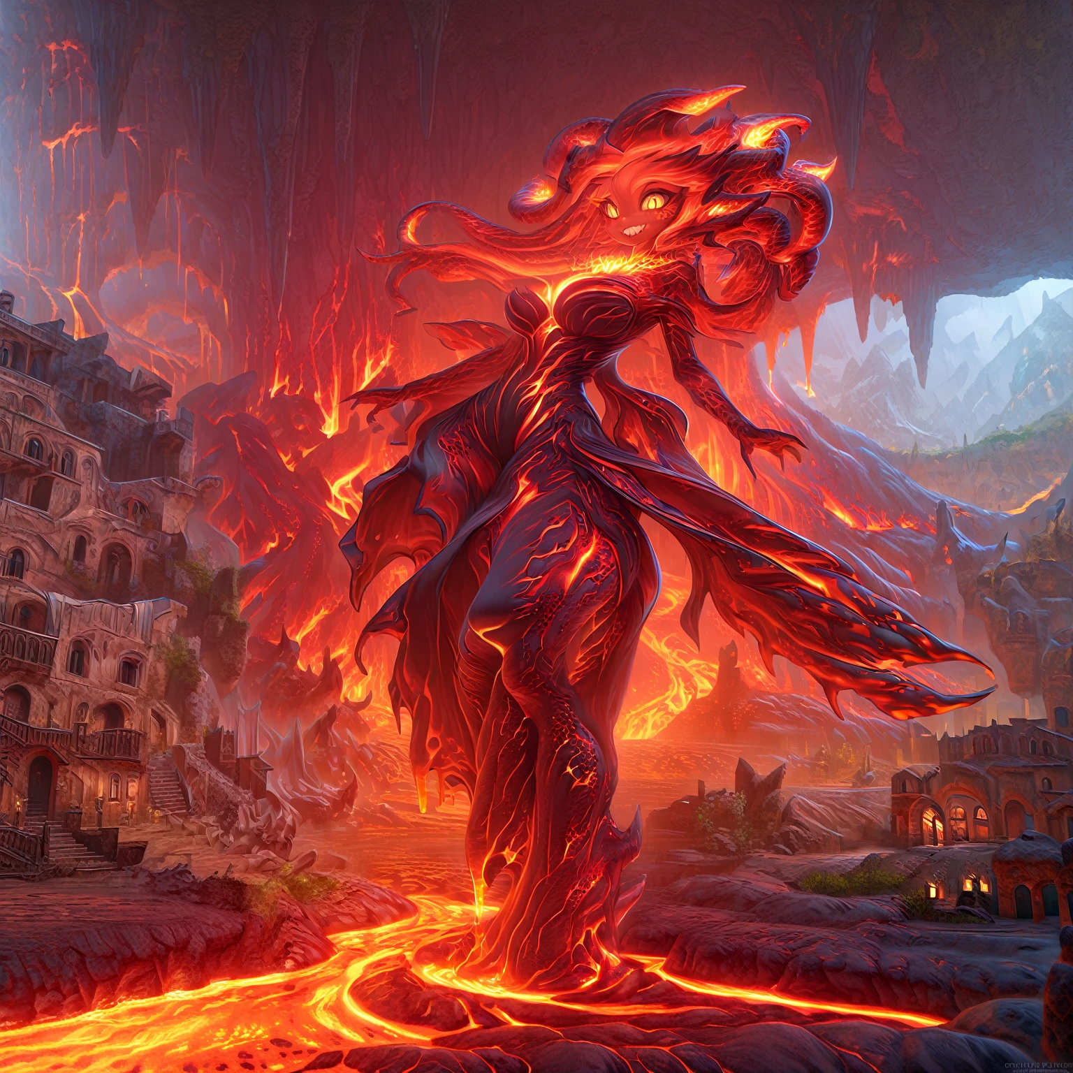 1woman\(evil,(cute:0.2),beautiful demon lady,age of 18,((very huge)),(giant),long lava hair,lava skin,lava bunny suit,lava pantyhose,eye color lava,big eyes,eyes shining,big devil's smile,sharp teeth,open mouth,(lava horn),lava wing,dynamic pose,breast,full body,floating,dress\),background\(dark underground lava cave,very shiny lava and lava lake everywhere,bedding plane,bulbous lava stalactite,pillar,chockstone,lava blister,lava coral,lava fall,lava rose,lava stalactite,lava tree,small houses\(Cappadocia\)\), BREAK ,quality\(8k,wallpaper extremely detailed acrylic, ​masterpiece,high resolution,top-quality,top-quality real texture skin,hyper realisitic,increase the resolution,RAW photos,best qualtiy,highly detailed,the wallpaper,cinematic lighting,ray trace,golden ratio,\),dynamic angle,[nsfw:2.0],full body,(from below),dress