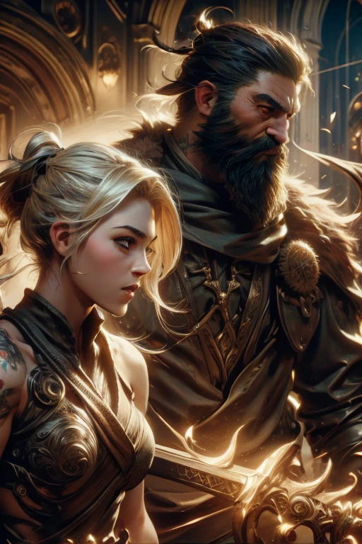 ((best quality)), (high detail), (original art), (1man), (1woman), (close up), (headshot), rugged face, 44 year old man with extremely short black hair and full thick beard, dark brown eyes, very intense gaze in his eyes, holding a woman with blond hair and brown eyes, (beautiful woman), embers of fire in the air, warrior spirit, HDR, 3D, digital art style.