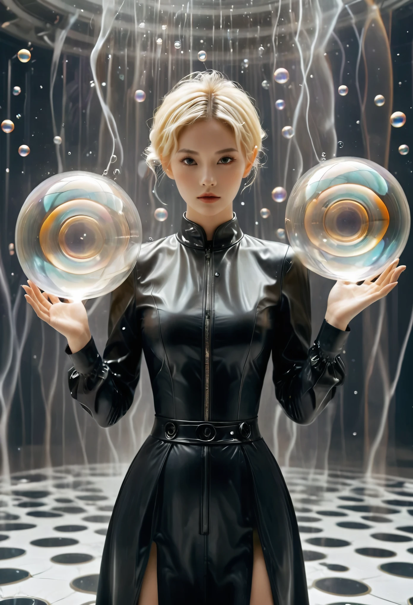 
20h
A realistic (((half body))) photograph of a woman model in black long sleeves shirt and (blond pixie short hairstyle) ((standing and putting two hands on her waist elegantly )) with (( giant bubbles)) in spaceship, in glass background, a surrealist sculpture in the style of Richard Avedon, in a still from a fashion film, with black and orange color, sminimalist stage designs, leather/hide, y2k aesthetic, aerial view, low angle upon, symmetrical composition，xianxia