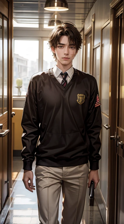 In the hallway of school in HIGH SCHOOl, there was a young lad named Elias (tall, has light brown hair, the other students around him and him too of course has their UNIFORM.). Show Elias brushing his hair with one hand while walking in the hallway, with a reserved look and reading a small book in his one hand, while his classmates behind or near him walk or whisper to each other while setting their eyes on Elias. Add sparkles on elias for emphasized look.